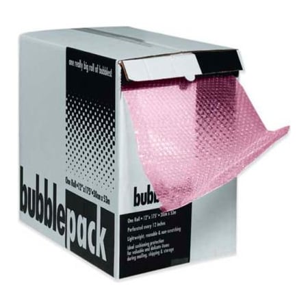 Perforated Anti Static Bubble Roll W/Dispenser, 24W X 65'L X 1/2 Thick, Pink